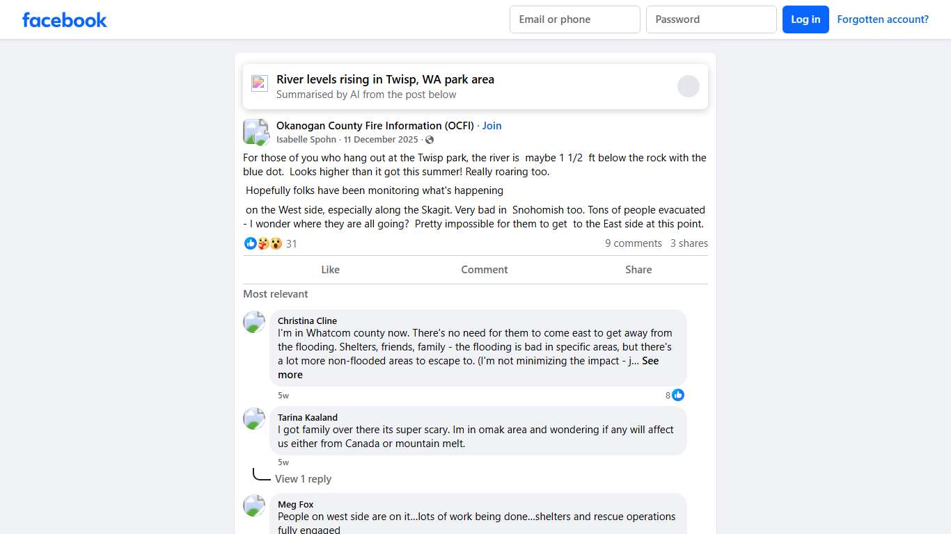 Okanogan County Fire Information (OCFI) For those of you who hang out at the Twisp park, the river is maybe 1 1/2 ft below the rock with the blue dot Facebook