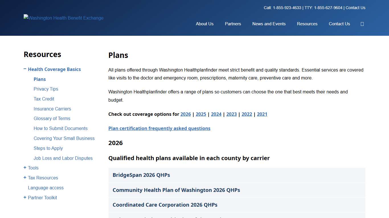 Plans Washington Health Benefit Exchange